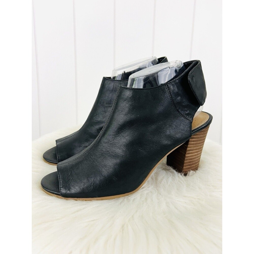 Nine West Black Leather Cutout Peep Toe Chunky Wood Stacked Heel Sandals 8.5M